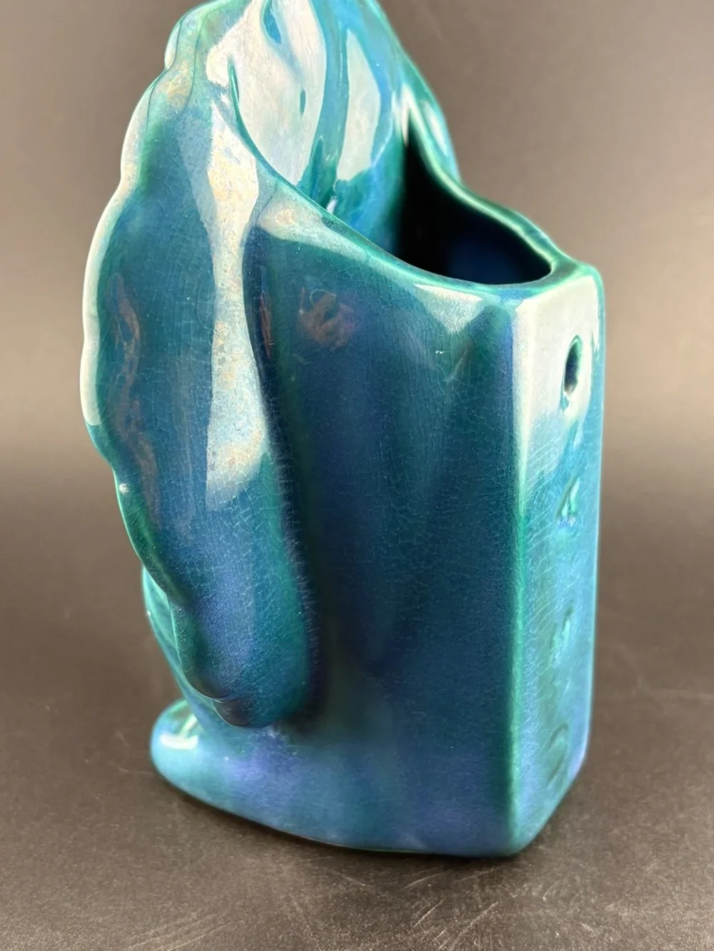 Vintage McCoy Style Peacock Wall Pocket Planter Vase Blue Teal Glaze USA MCMBeau
